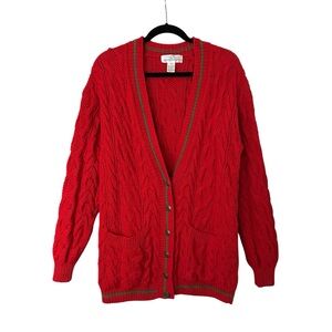 JONES NEW YORK Cable Knit Cardigan Sweater Red Cotton Grandpa Preppy Academia M